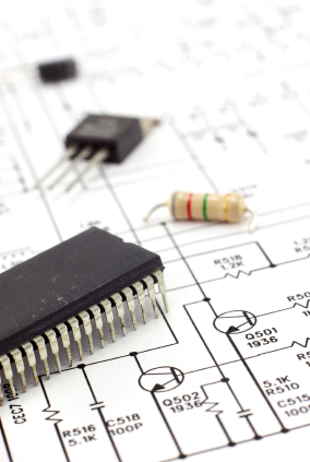 Electronic components on a schematic diagram background.